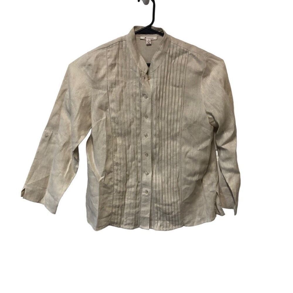 JM Collection 100% Linen Cream Size 14 Long Sleeve Button Down